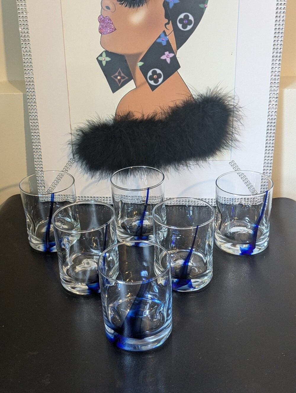 Libbey 'Impressions' Blue Ribbon Finger Dimpled Rock Six Glasses NWOB